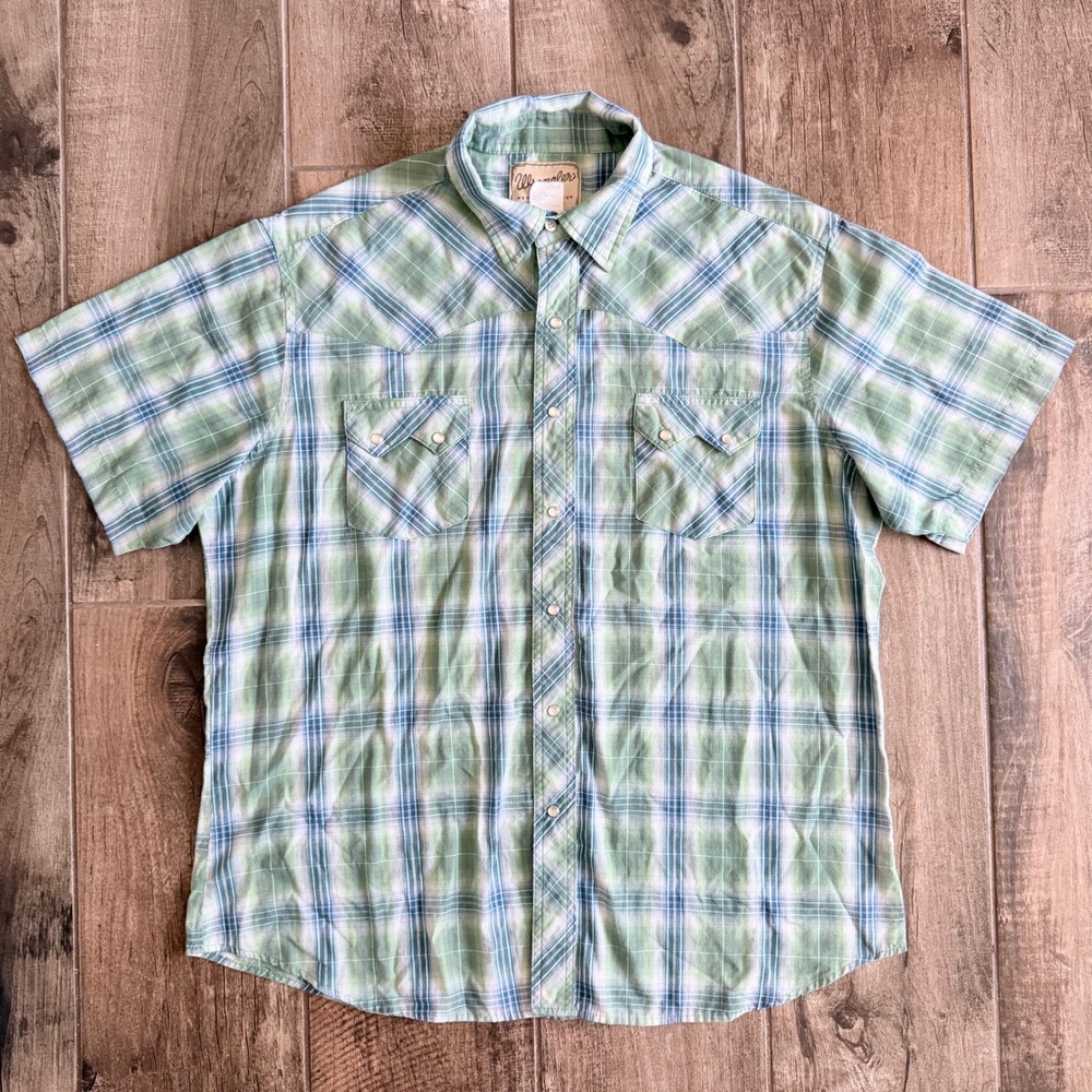 Wrangler Mens VTG‎ Western Plaid Pearl Snap Short Sleeve Shirt, Green Blue, XL